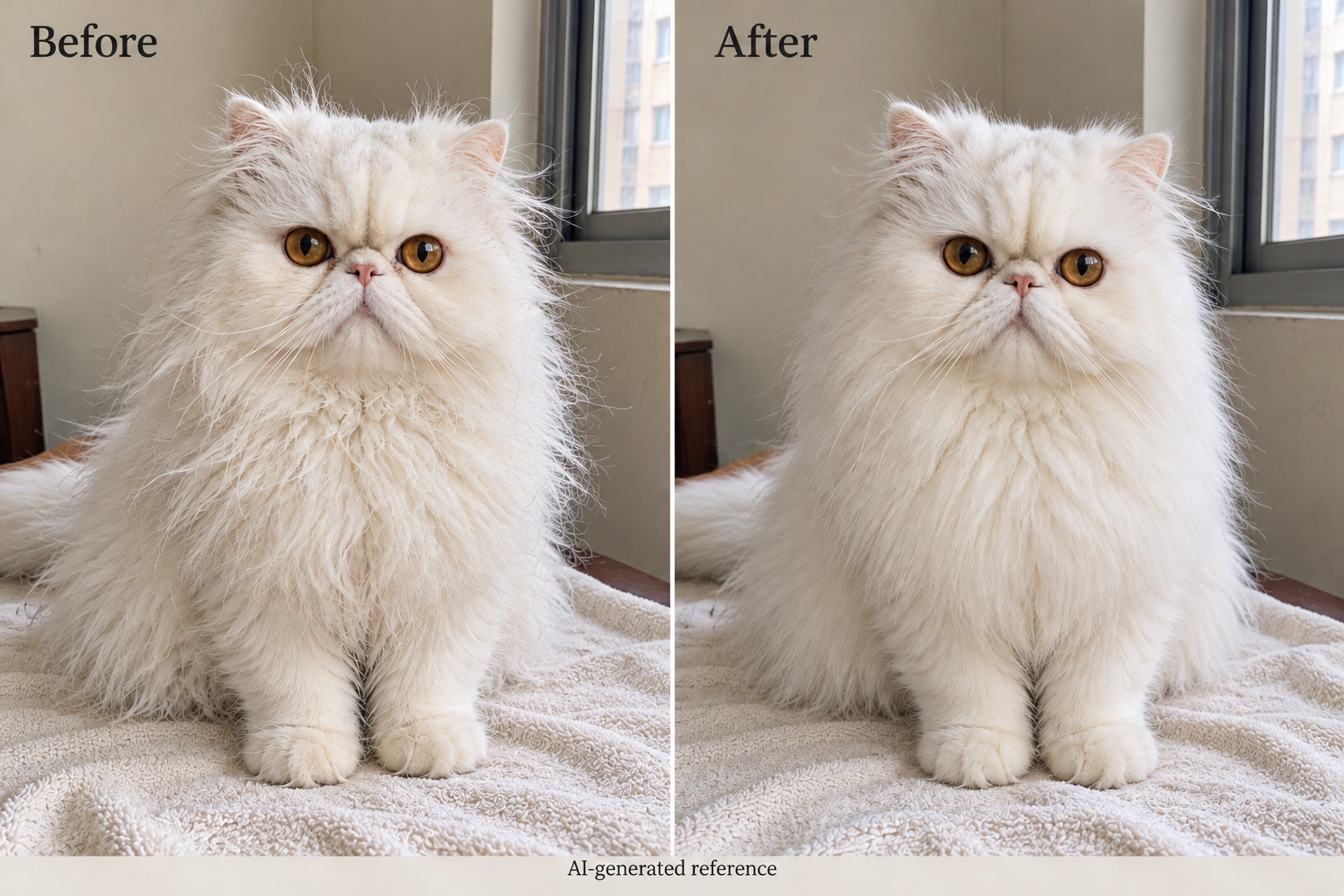 White Persian Before and After — AI-generated grooming reference, not a customer result
