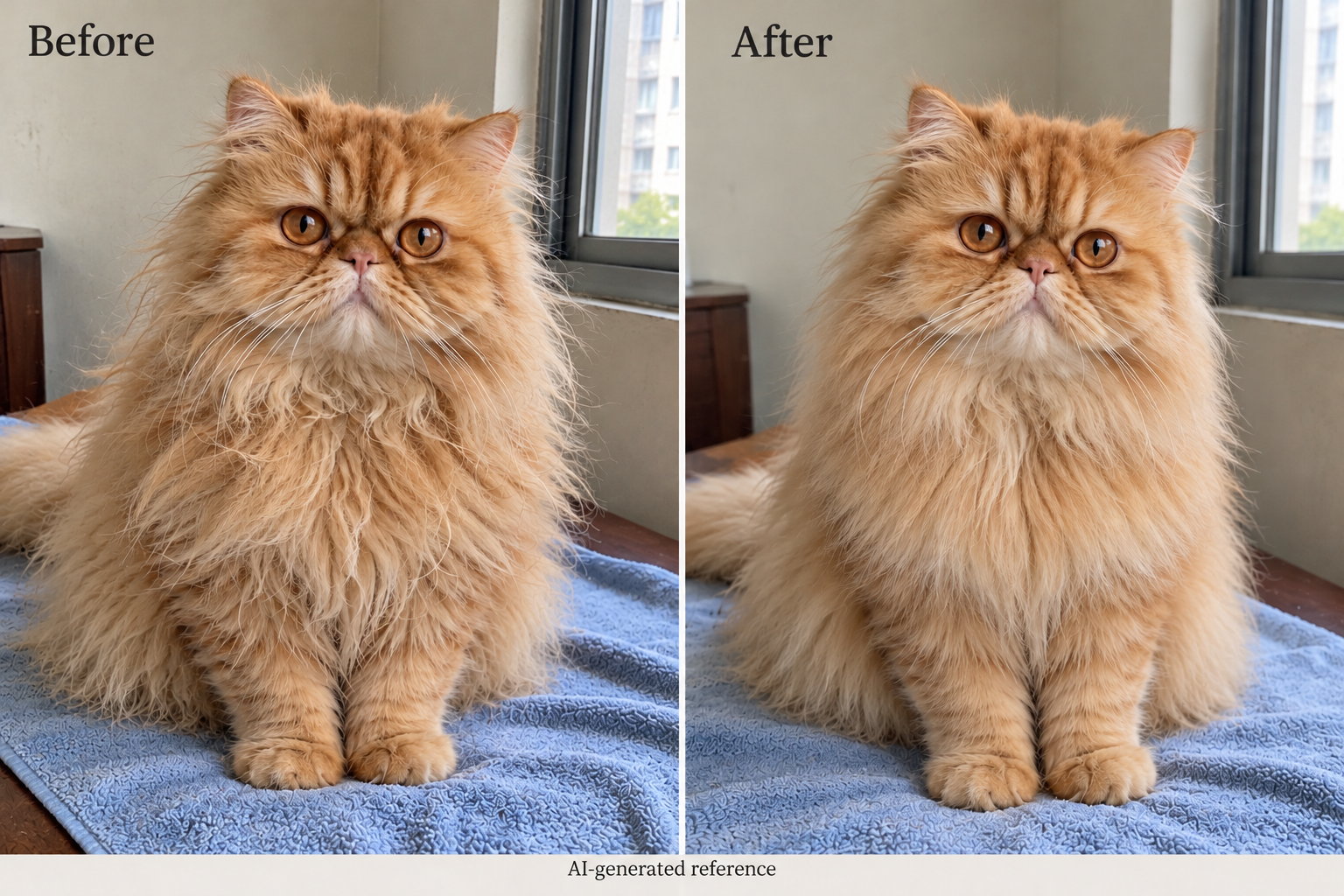 Ginger Persian Before and After — AI-generated grooming reference, not a customer result