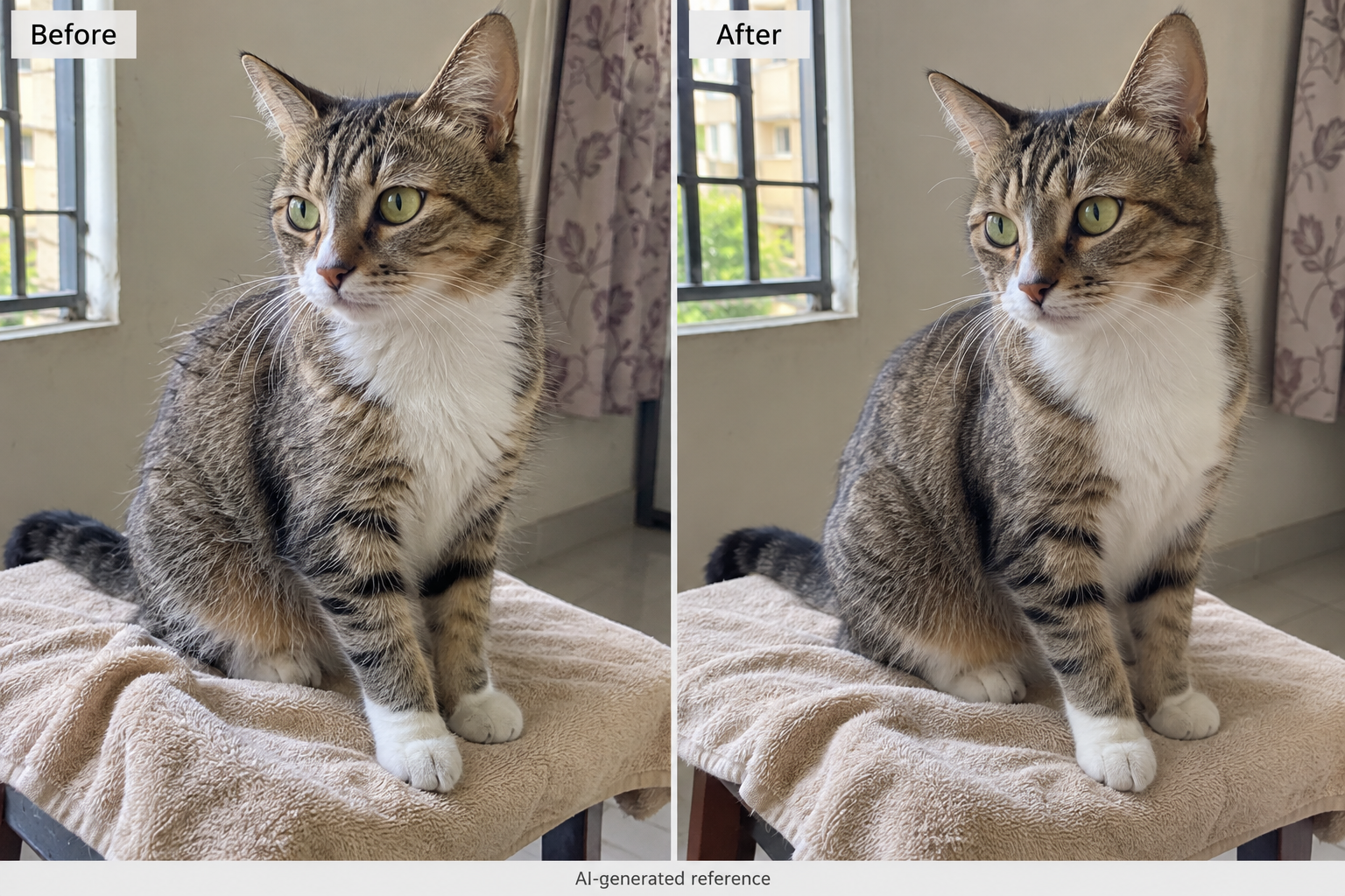 Indie cat Before and After — AI-generated grooming reference, not a customer result