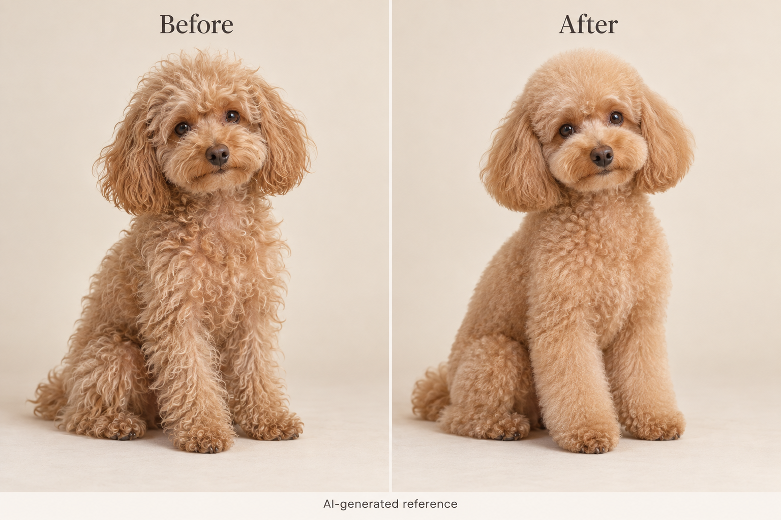 Apricot Poodle Before and After — AI-generated grooming reference, not a customer result