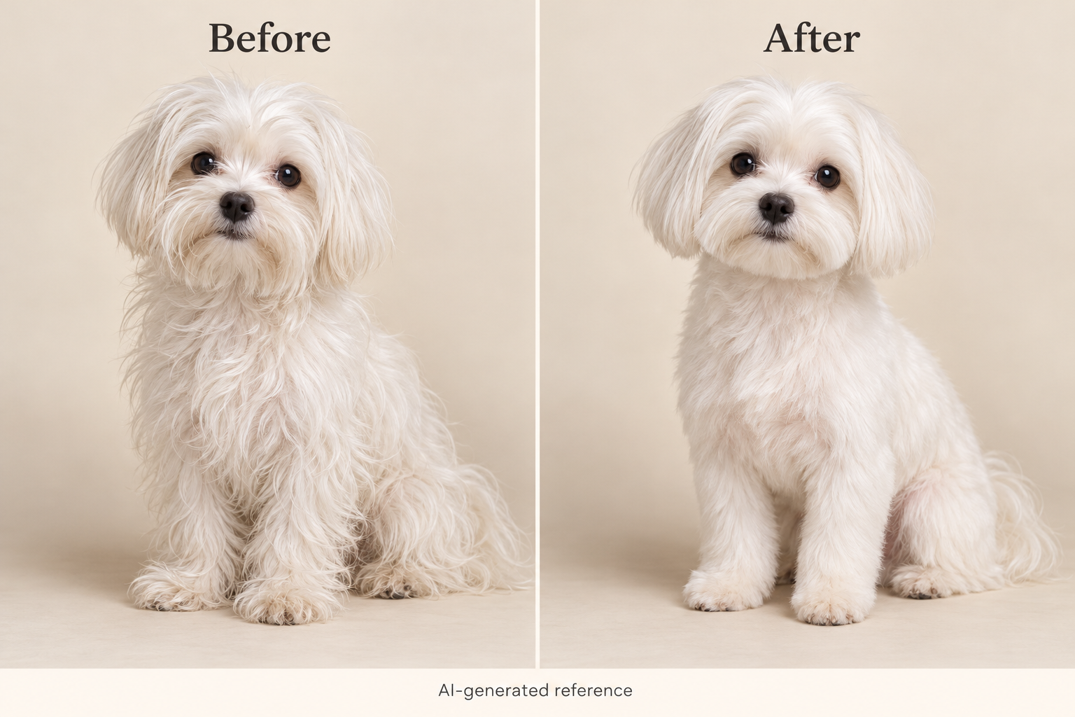 White Maltese Before and After — AI-generated grooming reference, not a customer result