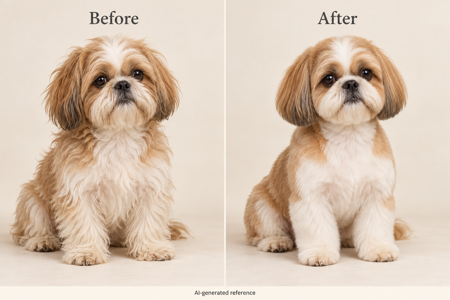 Shih Tzu Before and After — AI-generated grooming reference, not a customer result