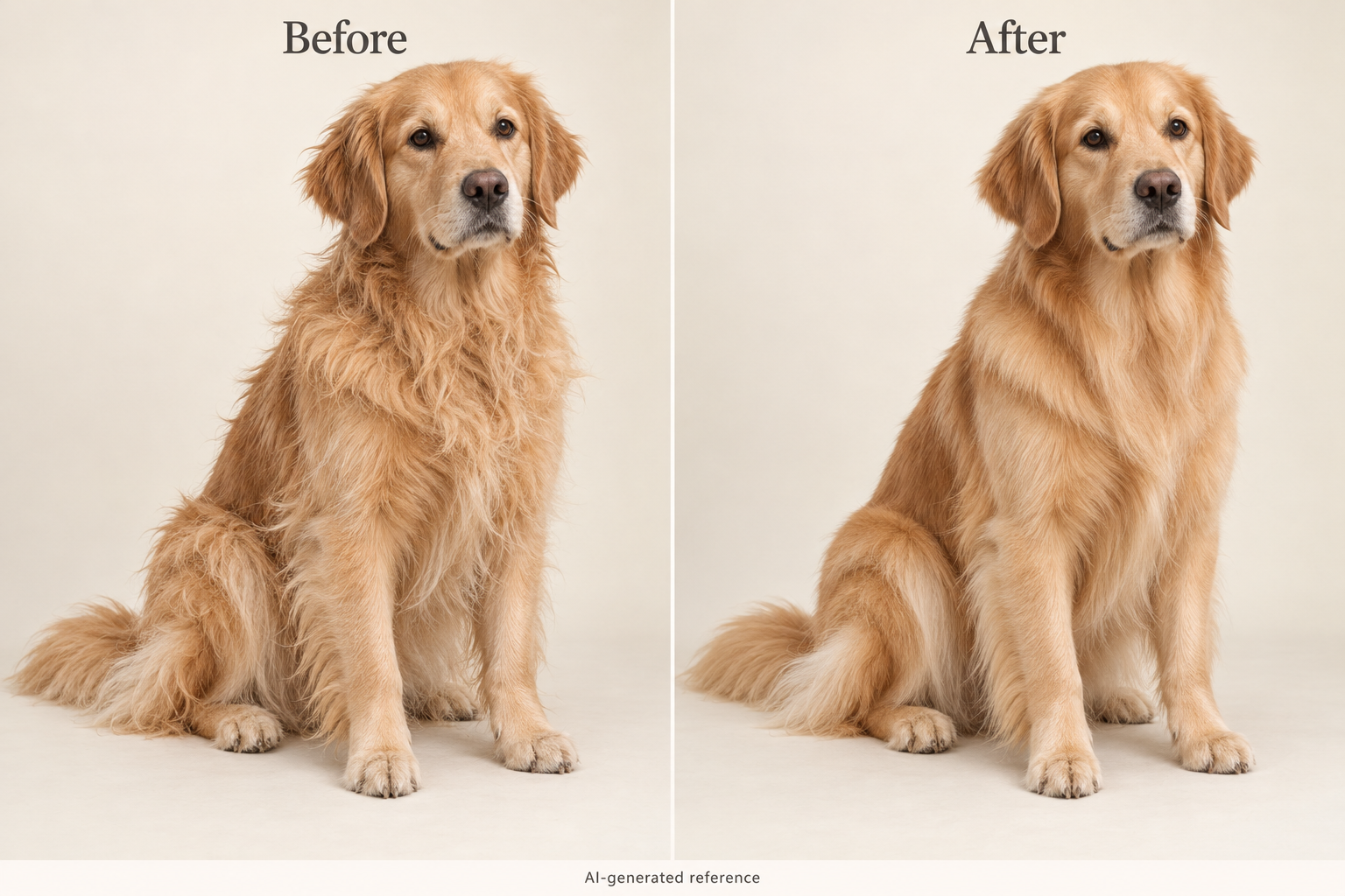 Golden Retriever Before and After — AI-generated grooming reference, not a customer result